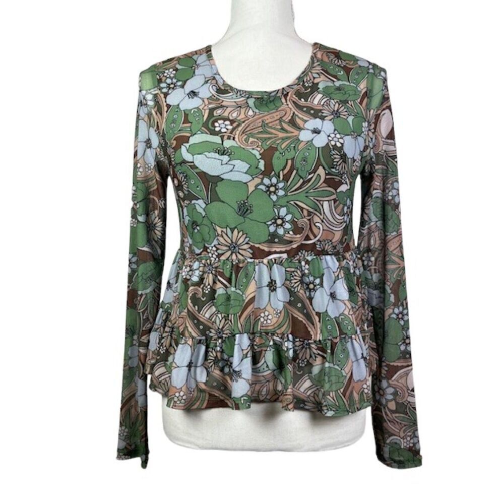 Love Fire Layered Babydoll Blouse Cappuccino Desert Floral Green Tan Small Top S